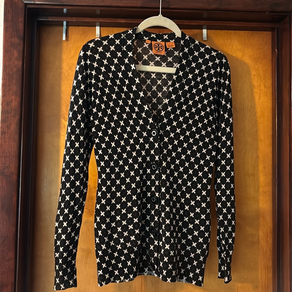 Tory Burch Cardigan Sz M - Merino Wool; brown w/ black & white print